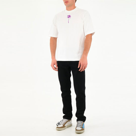 Men's Off-White Casual Cotton Round Neck Short Sleeve Loose Fit White T-Shirt OMAA119F21JER0200137