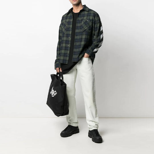 Off-White SS21 Stripe Printing Plaid flannel Long Sleeves Shirt Green OMGA133S21FAB0015701