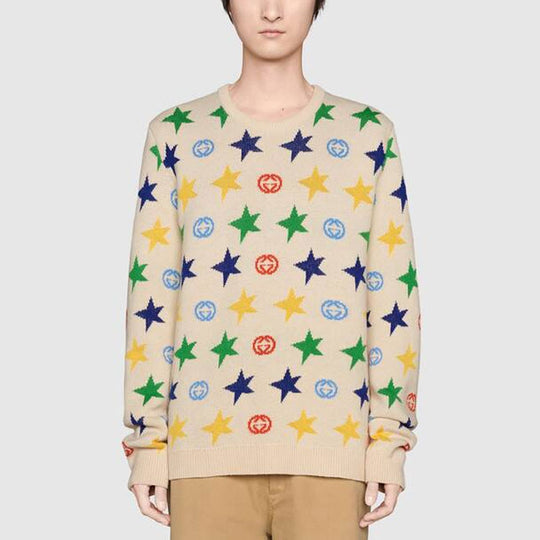 Men's Gucci FW21 Star Full Print Round Neck Wool Sweater Beige 661835-XKBXY-9275