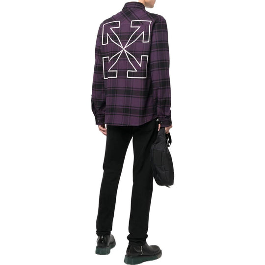 Men's Off-White Logo Printing Plaid Long Sleeves Dark Purple Shirt OMGA133F22FAB00235363536