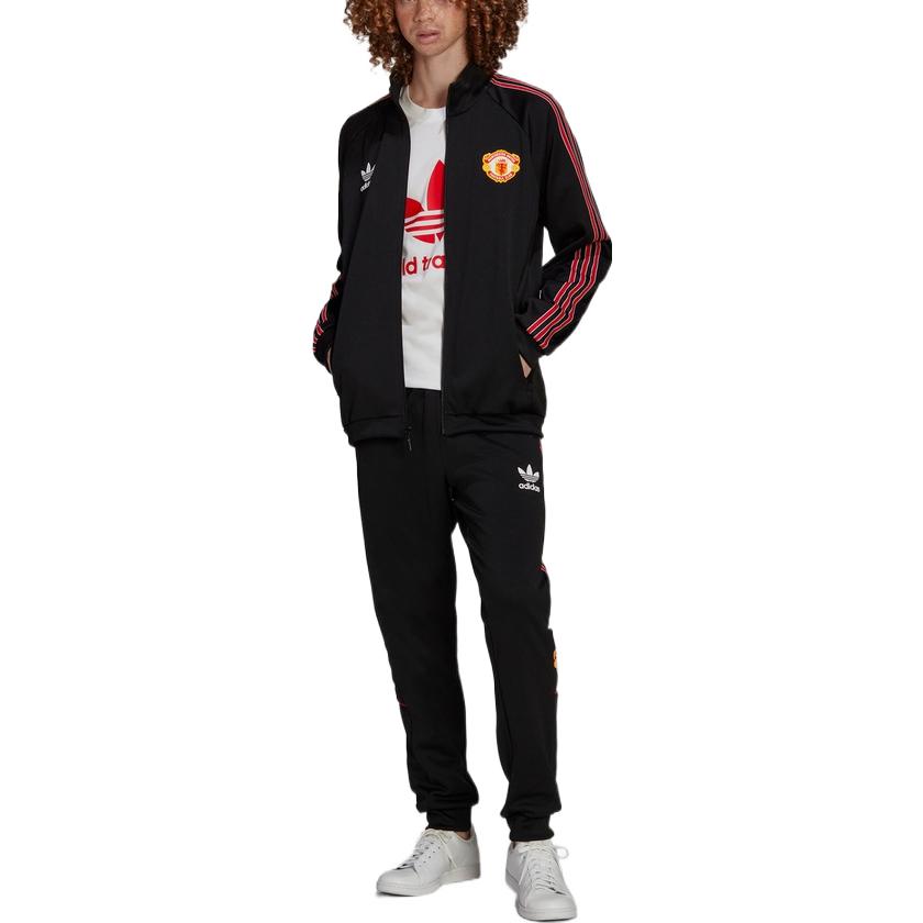 Men's adidas originals SS22 Manchester United Sports Stripe Logo Stand Collar Jacket Black HP0454