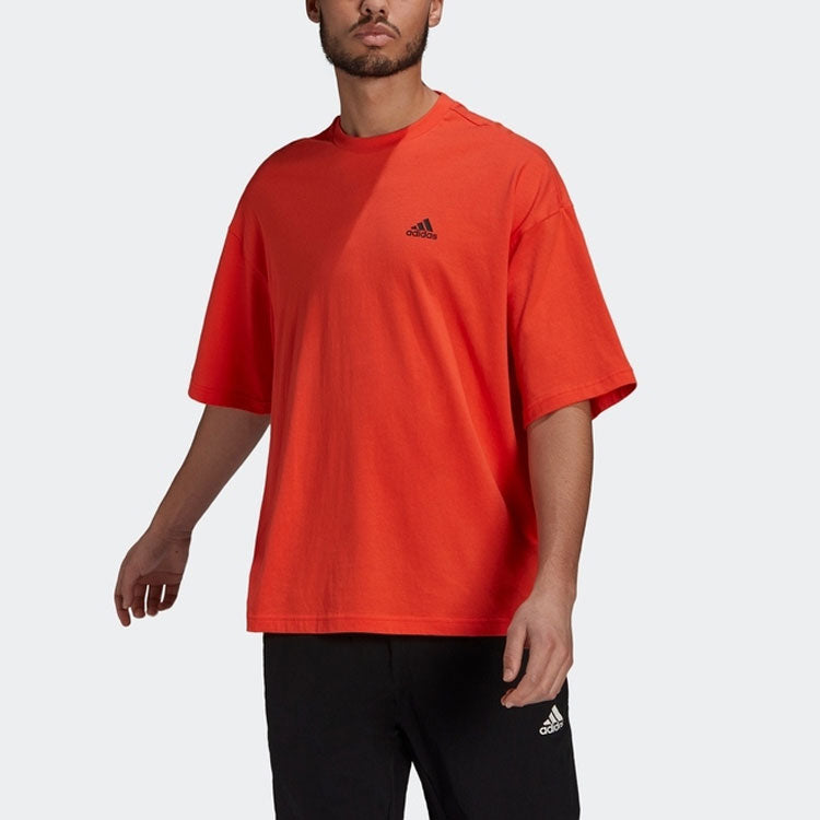 adidas Solid Color Logo Athleisure Casual Sports Round Neck Short Sleeve Couple Style Fluorescence Red H61131