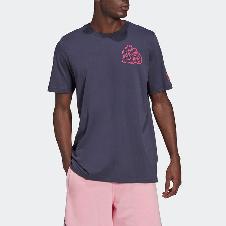adidas originals Kevin Lyons Tee Back Cartoon Pattern Printing Round Neck Casual Short Sleeve Couple Style Navy Blue HC7123