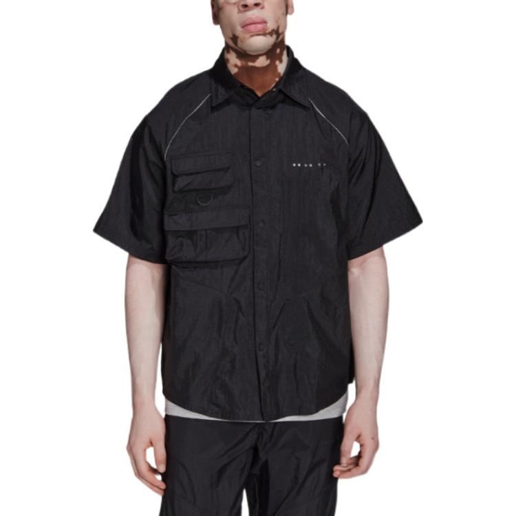 Men's adidas originals Solid Color Lapel Short Sleeve Black Shirt HK2733