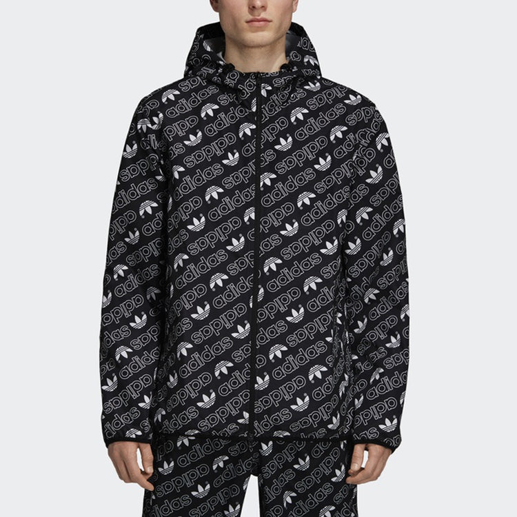 adidas originals Full Print Athleisure Casual Sports hooded Woven Windproof Outdoor Jacket Black DH4796