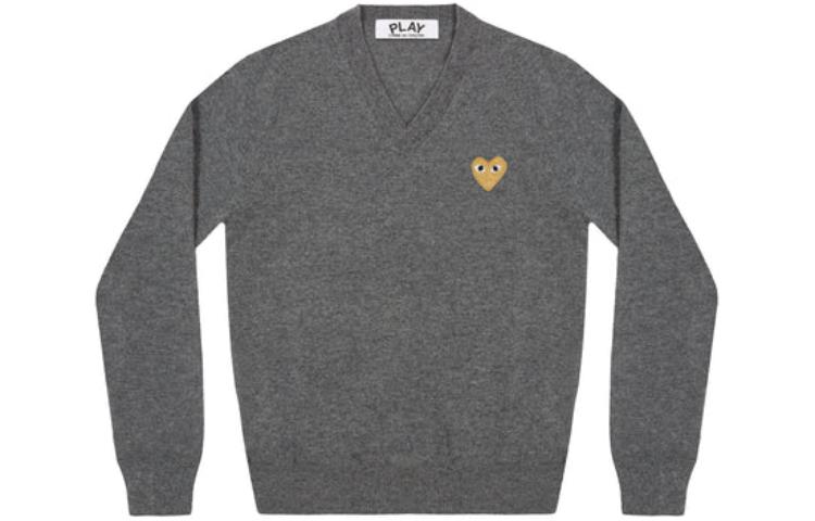 COMME des GARCONS PLAY V-Neck Pullover Gold Emblem 'Grey' AZN048-051-3