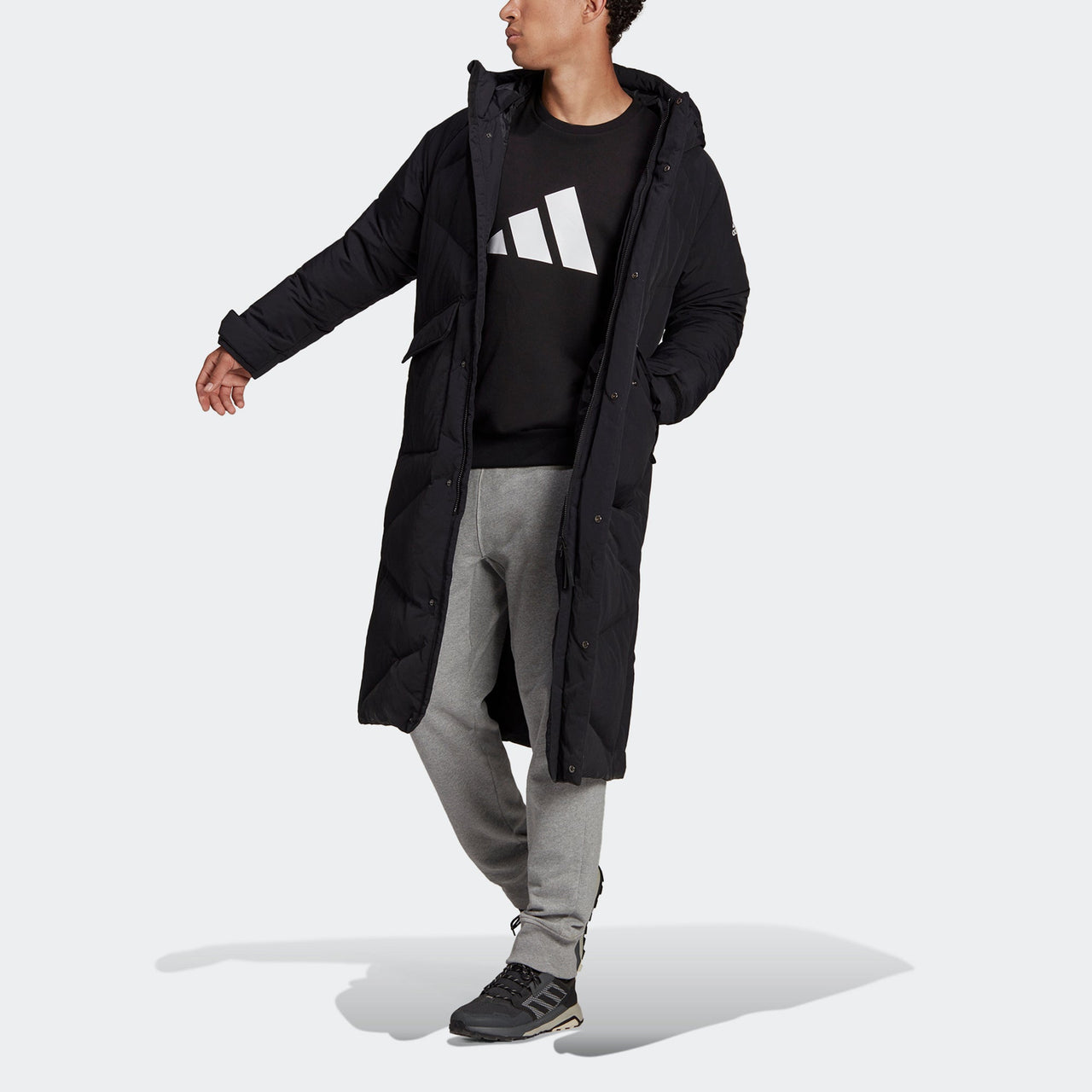 adidas Big Baffle Coat Outdoor Sports Long Loose hooded down Jacket Black GT6536