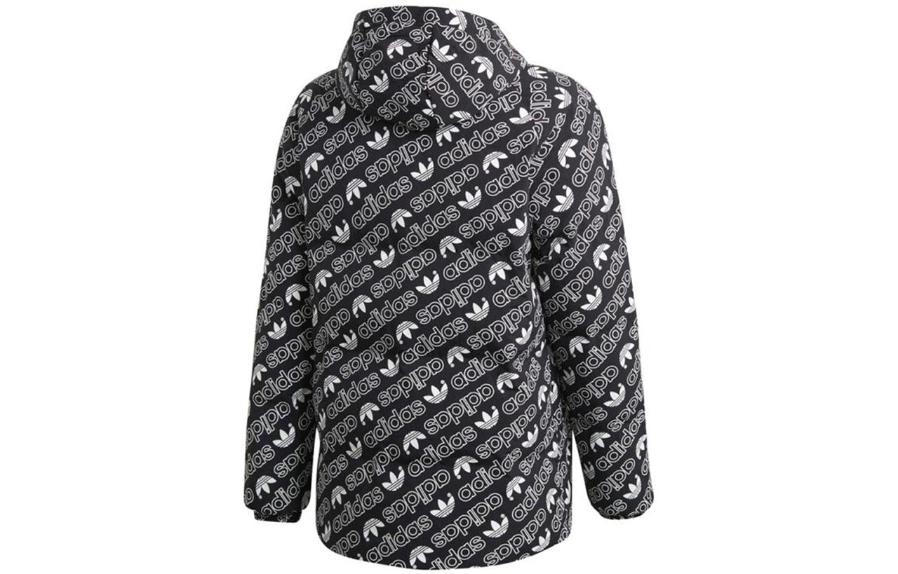 adidas originals Monogram JKT Full Print logo Reversible Stay Warm hooded down Jacket Black White DP8561