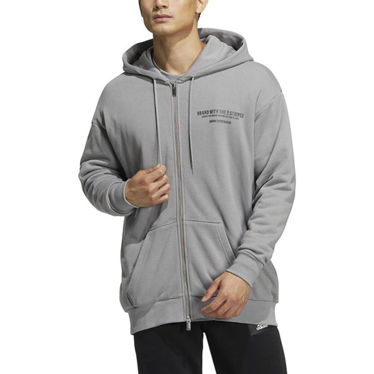 Men's adidas Alphabet Printing Pattern Drawstring Hooded Long Sleeves Jacket Light Grey HZ7027