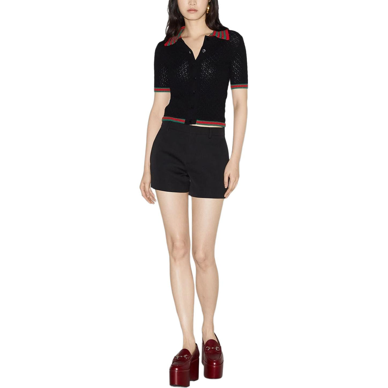 (WMNS) Gucci Cotton Lace Polo With Web 'Black' 792042-XKD3C-1152