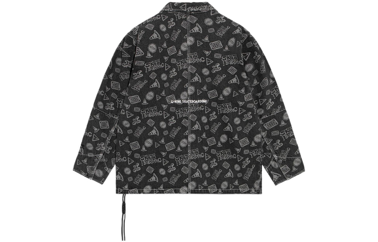 Li-Ning Skateboard Series Full Print Loose Washed Denim Jacket 'Black Grey' AJDS047-4