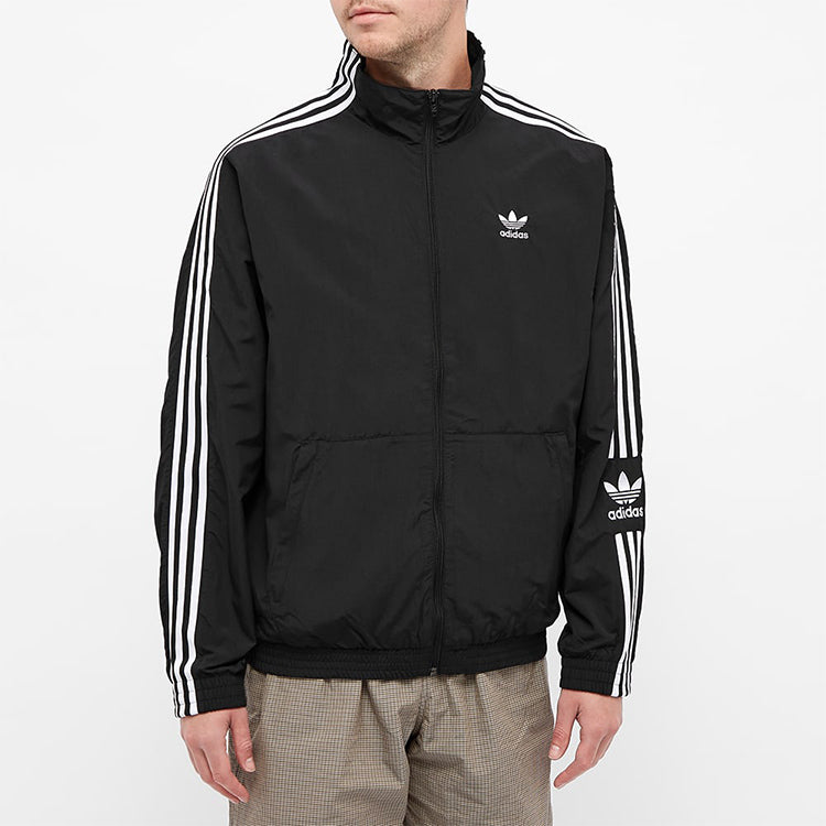 Men's adidas originals Stripe Logo Loose Stand Collar Sports Jacket Autumn Black H41391