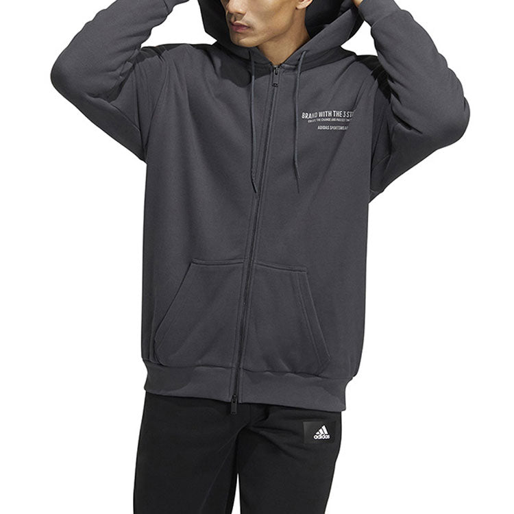 Men's adidas Alphabet Printing Pattern Drawstring Pullover Hooded Long Sleeves Jacket Gray HZ7028