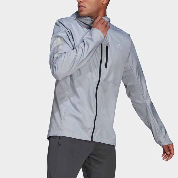 Men's adidas Solid Color Zipper Hooded Track Jacket Light Silver GJ9949