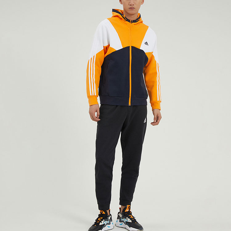 Men's adidas Stripe Splicing Logo Printing Zipper Hooded Jacket Autumn Black HE7471
