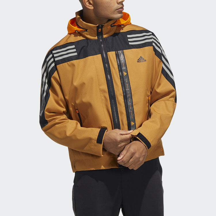 Men's adidas Logo Stripe Printing Hooded Jacket Brown HE9910