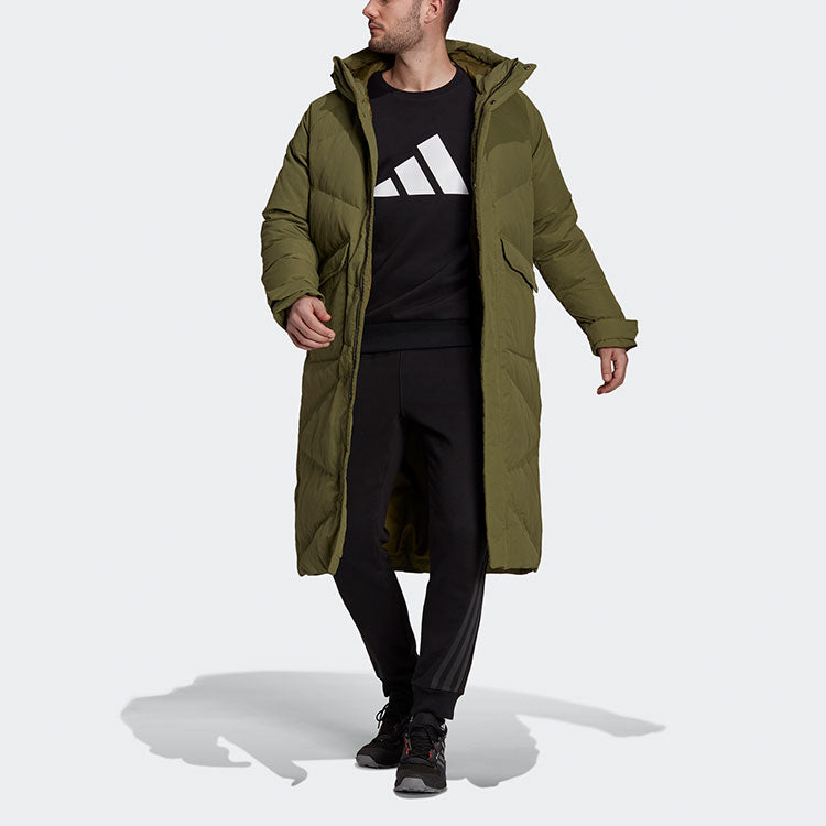 Men's adidas Shoulder Logo Outdoor Mid-Length Hooded With Down Feather Green Jacket GQ2507