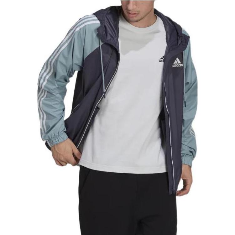 Men's adidas BSC Classic Splicing Design Drawstring Zipper Hooded Jacket Blue H65777
