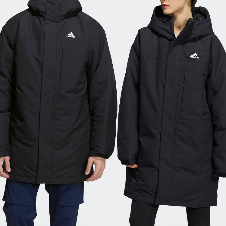 adidas Cb Mid Parka Logo Solid Color Mid-Length Sports Hooded With Down Feather Jacket Black H20764