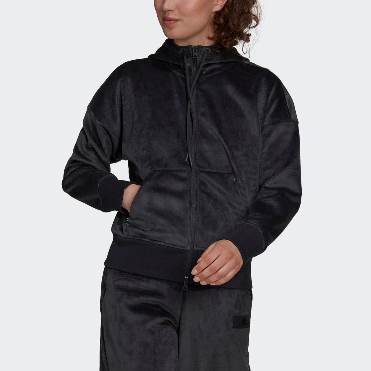 (WMNS) adidas W Fi Pr Cord Hd Corduroy Solid Color Sports Hooded Jacket Black H15955
