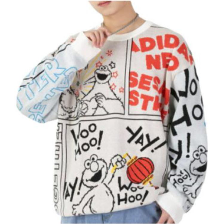 adidas x SESAME STREET Crossover Cartoon Alphabet Full Print Round Neck Knitwear Beige HD7294