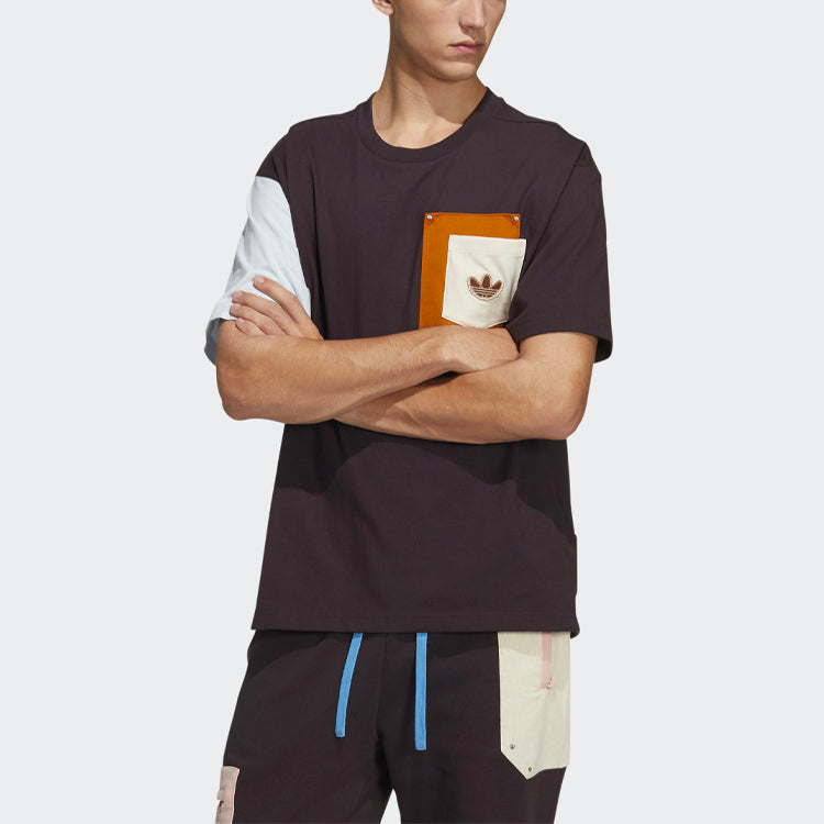 Men's adidas originals Series Splicing Pocket Round Neck Short Sleeve Brown T-Shirt HC0340