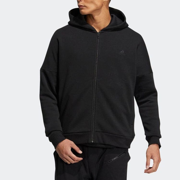 Men's adidas Solid Color Logo Casual Zipper Cardigan Jacket Black HM2686