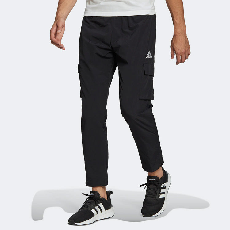 Men's adidas Solid Color Logo Cargo Pocket Casual Sports Pants/Trousers/Joggers Black HE1859