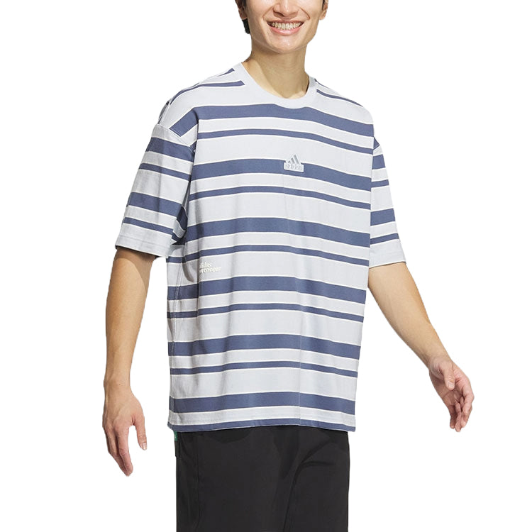 adidas Logo Stripe T-shirt Asia Sizing 'Grey Navy' IT3929