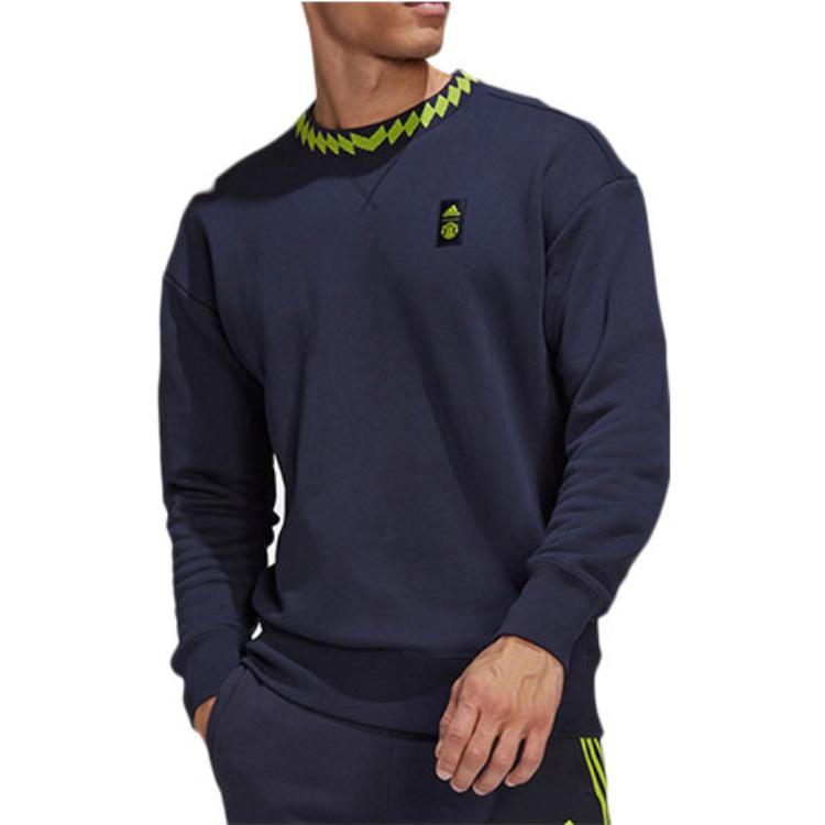 Men's adidas Solid Color Logo Athleisure Casual Sports Pullover Round Neck Blue HE6652