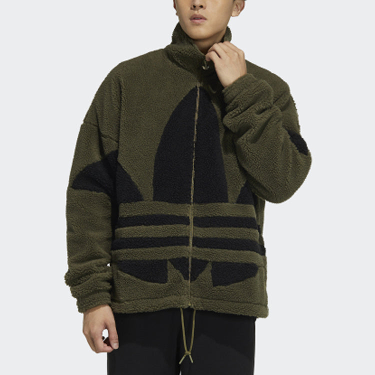 Men's adidas originals Stand Collar Zipper Long Sleeves Sports Jacket Dark Olive Green HC0326