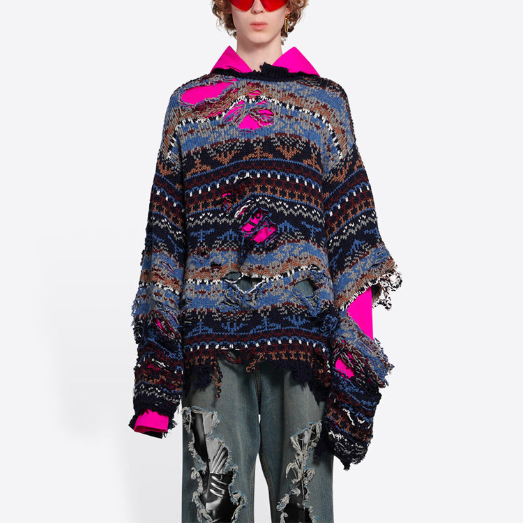 Balenciaga Destroyed Fair Isle Wool-Blend Jumper 'Blue' 662518T16028088