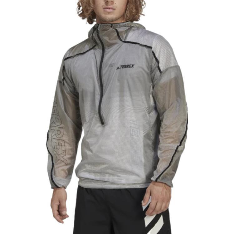 adidas Half Zipper Outdoor Sports hooded Windproof Jacket light grey H11748