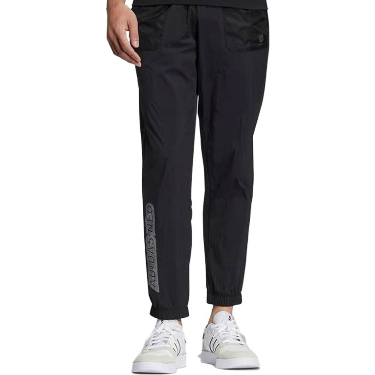 Men's adidas neo SS22 CE BRNDED WTP Logo Printing Lacing Elastic Waistband Sports Pants/Trousers/Joggers Black HC9704