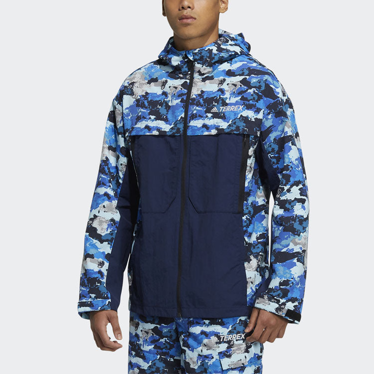 adidas Terrex Festiv Aop Wb Outdoor Sports Camouflage Splicing Hooded Jacket Blue GN7595