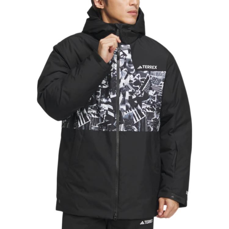 adidas Pattern Printing Hooded Down Jacket Men's Black IJ5970