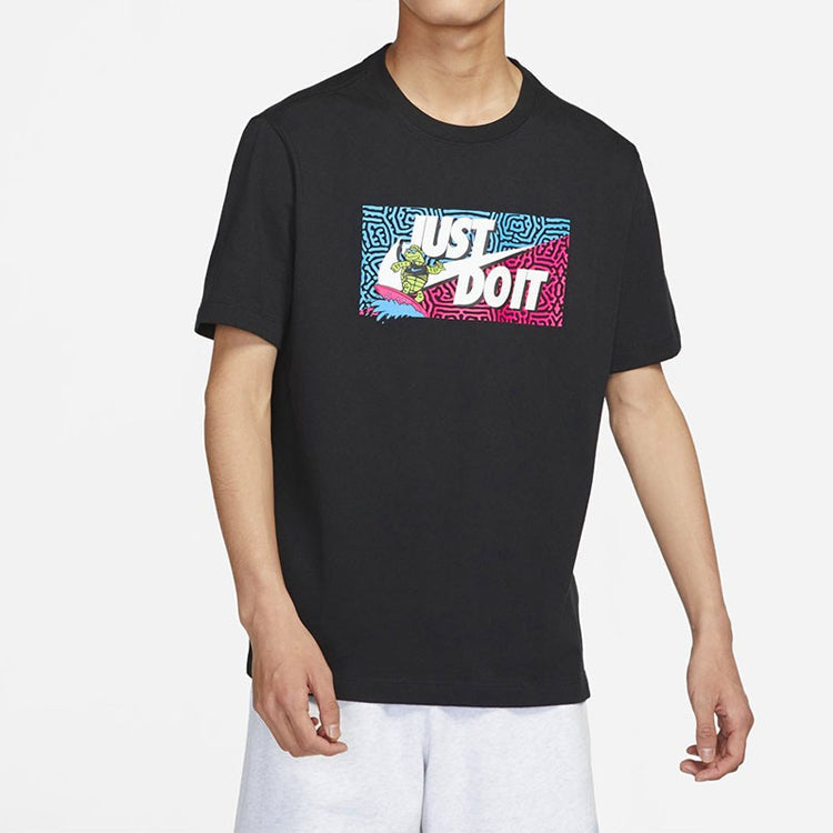 Men's Nike Square Brand Logo Cartoon Printing Round Neck Casual Short Sleeve Black T-Shirt DQ1088-010