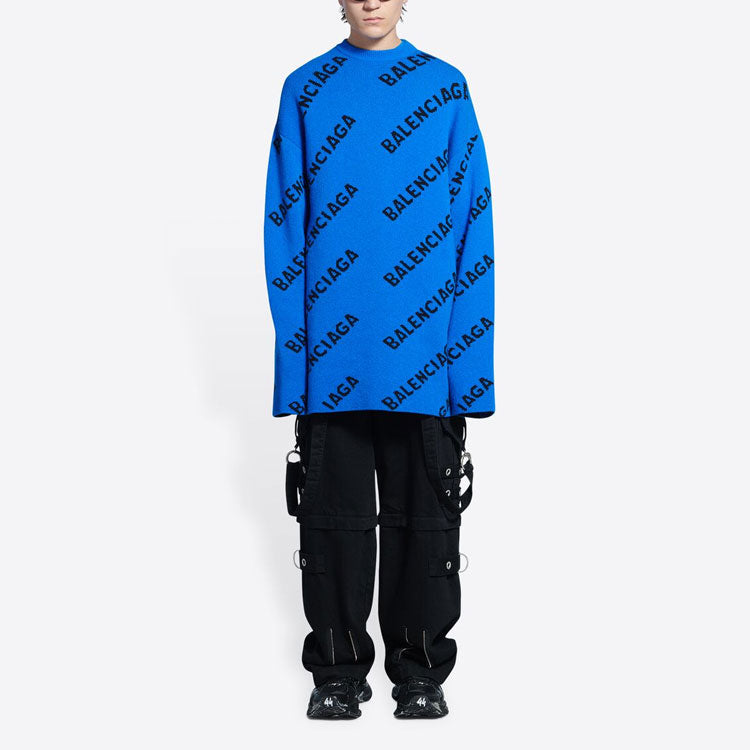 Balenciaga All Over Logo Crewneck Wool Knit Sweater 'Blue' 657400T15673964