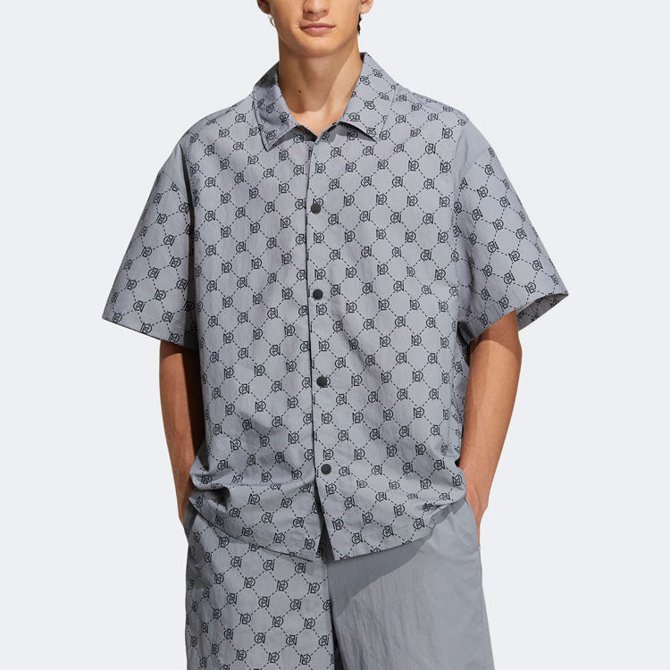 Men's adidas neo Pattern Full Print Athleisure Casual Sports Short Sleeve Shirt Gray IB5858