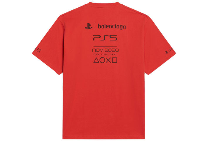 Balenciaga x PlayStation Crossover FW21 PS5 Alphabet Geometry Pattern Printing Short Sleeve Unisex Red 651795TKVF36552