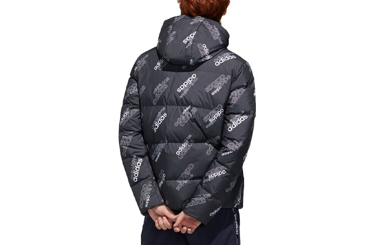 Men's adidas neo Logo Full Print Sports Stay Warm Hooded Down Jacket Black GJ8812