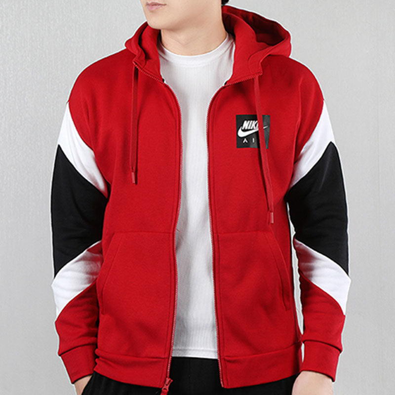 Nike Air Hood Fz Flc Logo Printing Contrasting Colors Sports hooded Fleece Lined Jacket Red CD9223-687