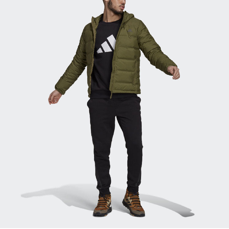 Men's adidas Logo Long Sleeves Hooded Stay Warm With Down Feather Green Jacket GU3954