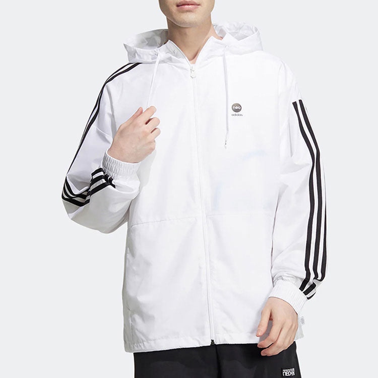 Men's adidas neo Stripe Logo Zipper Hooded Jacket White HN8788