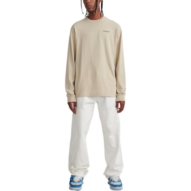 Men's Off-White FW22 Logo Printing Round Neck Pullover Long Sleeves Loose Fit Beige T-Shirt OMAB064S22JER0041710