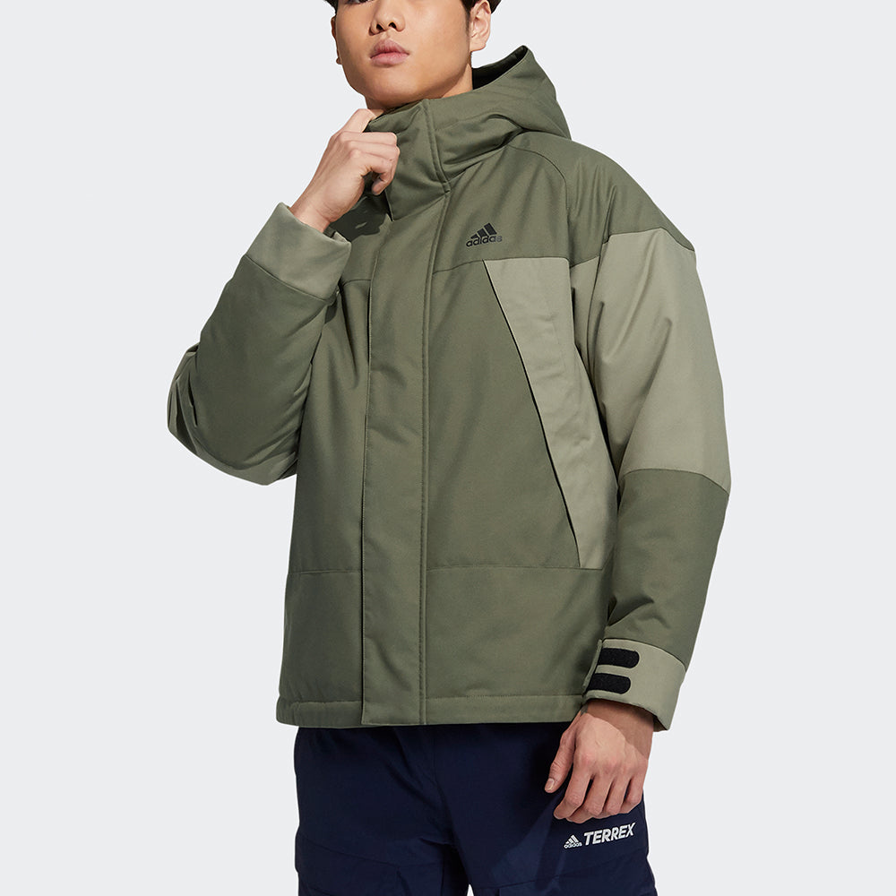 Men's adidas Cb Bos Logo Jkt Outdoor Colorblock Sports With Down Feather Military Green Jacket H23090