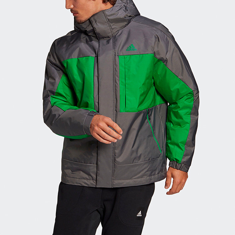 adidas Logo Pattern Splicing Design Loose Long Sleeves Down Jacket Black Green GF0077