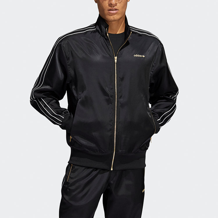 Men's adidas originals Stand Collar Stripe Zipper Ribbed Cuff Long Sleeves logo Sports Jacket Black H31290