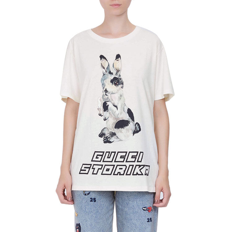 (WMNS) Gucci Bunny Pattern Crewneck Short Sleeve For White 492347-X3M80-7550