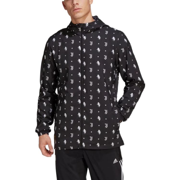 Men's adidas SS22 Solid Color Logo Full Print Long Sleeves Hooded Jacket Black HB6013